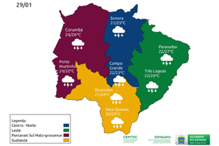 Previsão do tempo para algumas cidades de MS. (Imagem: Reprodução/Cemtec)