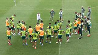 Jogadores do Palmeiras conversam com a comissão técnica em treino (Foto: Divulgação)