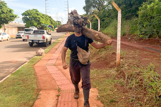 Joaquim caminha com tronco de madeira que pesa, segundo ele, mais de 30 aquilos. (Foto: Ângela Kempfer)