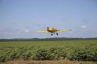 Avião durante pulverização aérea em propriedade rural. (Foto: Divulgação | MPE)