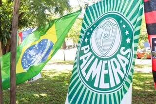 Lado a lado, bandeiras do Palmeiras e do Brasil, vendidas por comerciante. (Foto: Henrique Kawaminami)