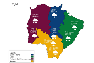 Previsão do tempo para regiões de MS de acordo com o Cemtec. (Imagem: Reprodução/Cemtec MS)