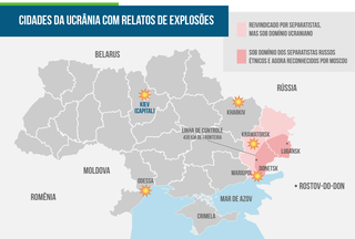 Mapa mostra cidades com relatos de explosões.