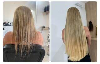 Registro de antes e depois da aplicação de mega hair surpreende. (Foto: Divulgação)
