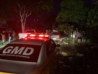 Rua sem energia elétrica e interditada por árvores na noite desta terça-feira (01). (Foto: Guarda Municipal de Dourados)