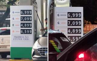 Placa à direita mostra preços ontem às 18h48; à esquerda, os mesmos valores hoje (Foto: Helio de Freitas)