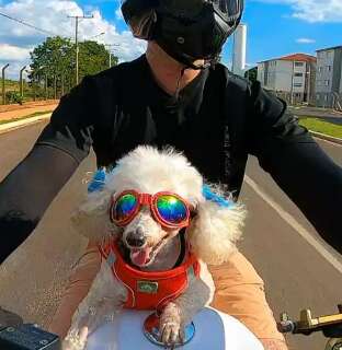 De óculos, Bella é motoqueira ativa e parceira de Kleber por toda cidade