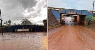 Túnel de acesso ao bairro Parque das Nações II, alagou. Imagem mostra enchente ontem e lama, hoje. (Foto: Defesa Civil)