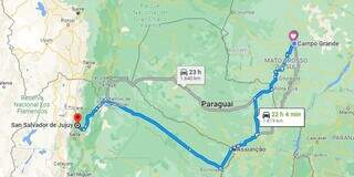 Mapa mostra distância entre Jujuy e Campo Grande. (Foto: Google Maps)