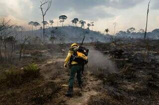 Ação de brigadista durante combate incêndio na região do Pantanal, em 2020. (Foto: Arquivo)