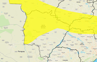 Área amarela no mapa indica chance de chuva intensa em parte de MS. (Arte: Inmet)