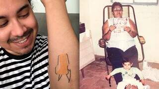 À esquerda: Paulo mostrando tatuagem no antebraço feita pela tatuadora Thais Barros. À direita: Paulo sentado nos pés da avó quando era criança. (Fotos: Arquivo Pessoal)