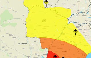 Área em amarelo indica chuva intensa e de laranja risco de tempestade em MS. (Arte: Inmet)