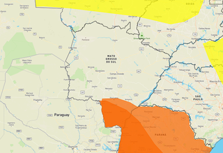 Área em laranja indica alerta para tempestade no sul de MS. (Arte: Inmet)