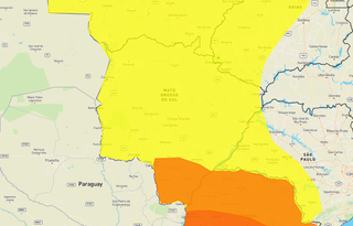 Área em amarelo indica risco de chuva intensa e em laranja de tempestade (Arte: Inmet)