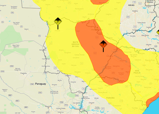 Áreas em amarelo e laranja indicam chance de chuva intensa nas próximas horas. (Arte: Inmet)