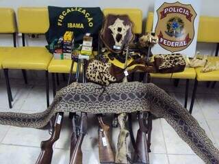 Couro de onça e armas encontradas durante Operação Jaguar, de 2011. (Foto: Divulgação PF/Arquivo)