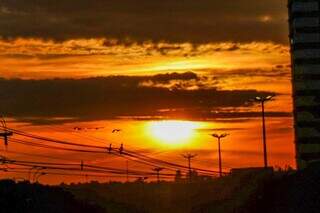 Sol nascendo visto da Avenida Afonso Pena, em Campo Grande. (Foto: Henrique Kawaminami)