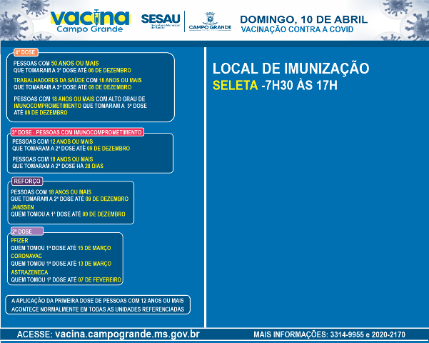 Vacina&ccedil;&atilde;o contra a covid ser&aacute; feita apenas na Seleta neste domingo 