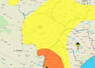 Área em amarelo indica chuva intensa e laranja no sul de MS para risco de tempestade. (Arte: Inmet)