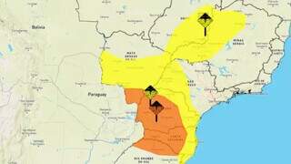 Bandeiras laranja e amarelas, mostram regiões sob aviso no Estado (Fonte: Inmet)