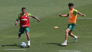 Atacante Dudu, à esquerda, toca na bola durante treino no Verdão. (Foto: Divulgação)