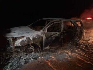 Carro estava totalmente queimado e vítimas estavam no porta-malas (Foto: Divulgação | PCMS)