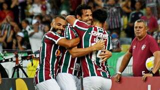 Comemoração dos jogadores do Fluminense após a vitória desta noite(19). (Foto: Mailson Santana/FFC)