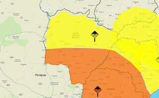 Áreas em laranja e amarelo indicam risco de tempestade sob todo MS (Arte: Inmet)