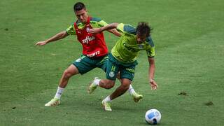 Atuesta e Gustavo Scarpa disputam a bola em treino do Verdão. (Foto: Divulgação)