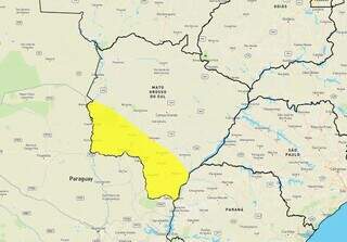 Área em amarelo no mapa indica risco de tempestade em MS. (Arte: Inmet)