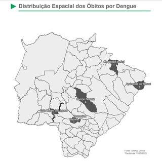 Mapa com a distribuição de mortes registradas por dengue em MS. (Arte: SES)