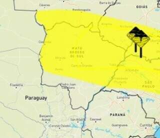 Alerta do Inmet que encobre parte do Mato Grosso do Sul. (Imagem: Reprodução)