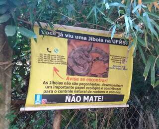 Campus de Campo Grande da UFMS tem placa orientando sobre presença de jiboias. (Foto: Tiago Duque)