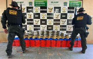 Policiais diante dos tabletes de maconha apreendidos. (Foto: DOF) 