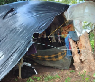 Acampamento era no meio da mata e lona rasgada era única proteção contra a chuva. (Foto: Divulgação/MPT)