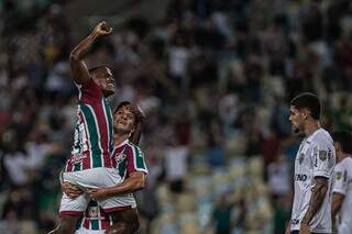 Comemoração dos jogadores do Fluminense durante a partida. (Foto; Marcelo Gonçalves/FFC)