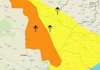 Área em laranja indica risco de tempestade e em amarelo de chuva intensa até sexta-feira. (Arte: Inmet)