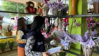 Fiscais durante levantamento de preços em floricultura. (Foto: Procon Municipal)