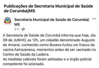 Ex-vereador furta frasco de vacina contra a covid em unidade de sa&uacute;de