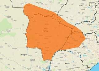 Área em laranja indica risco de tempestade em todo o Estado. (Arte: Inmet)