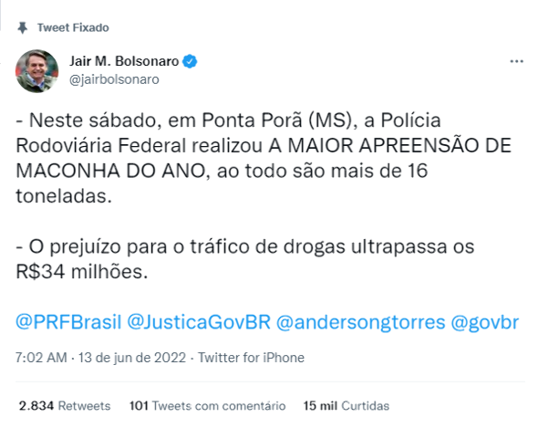 Em rede social, Bolsonaro comemora apreens&atilde;o de drogas em Ponta Por&atilde;