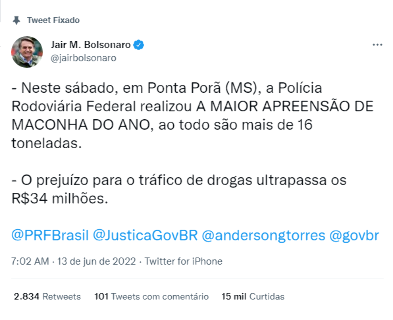 Em rede social, Bolsonaro comemora apreensão de drogas em Ponta Porã