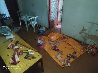 Ferramentas e pedações de carne encontrados em &#34;açougue&#34; clandestino. (Foto: Polícia Civil) 