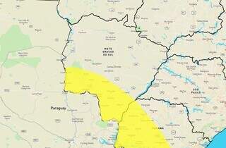 Área em amarelo no mapa indica risco de geada em MS (Arte: Inmet)