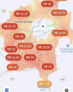 Aplicatico de motorista da Uber mostra valores que estão sendo pagos a mais que o normal por corrida em todas regiões da Capital (Imagem: Reprodução/Direto das Ruas)