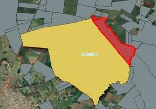 Fazendas dos Torelli, em vermelho, ficam ao lado da TI Amambai, em amarelo. (Imagem: Site &#34;De Olho nos Ruralistas&#34;)