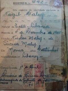 Foto do registro de nacionalidade do libanês Nagib Maluf (Foto: Arquivo pessoal)