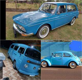 Os três carros antigos de Cristiano, todos na cor azul. (Foto: Arquivo Pessoal)