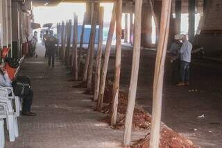 Estacas para colocação de tapumes foram instaladas na manhã de hoje (Foto: Marcos Maluf)